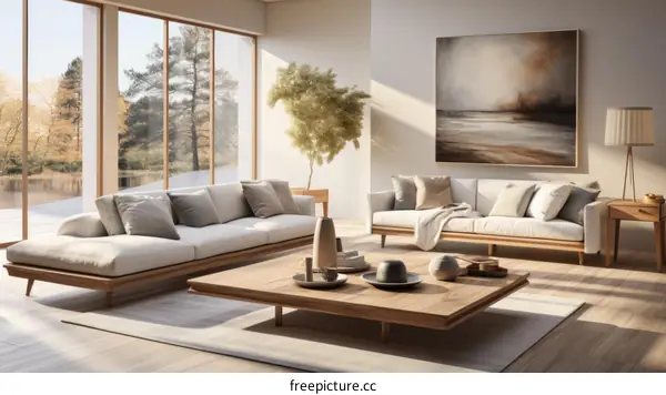 Airy and bright living room with large windows and a lake view