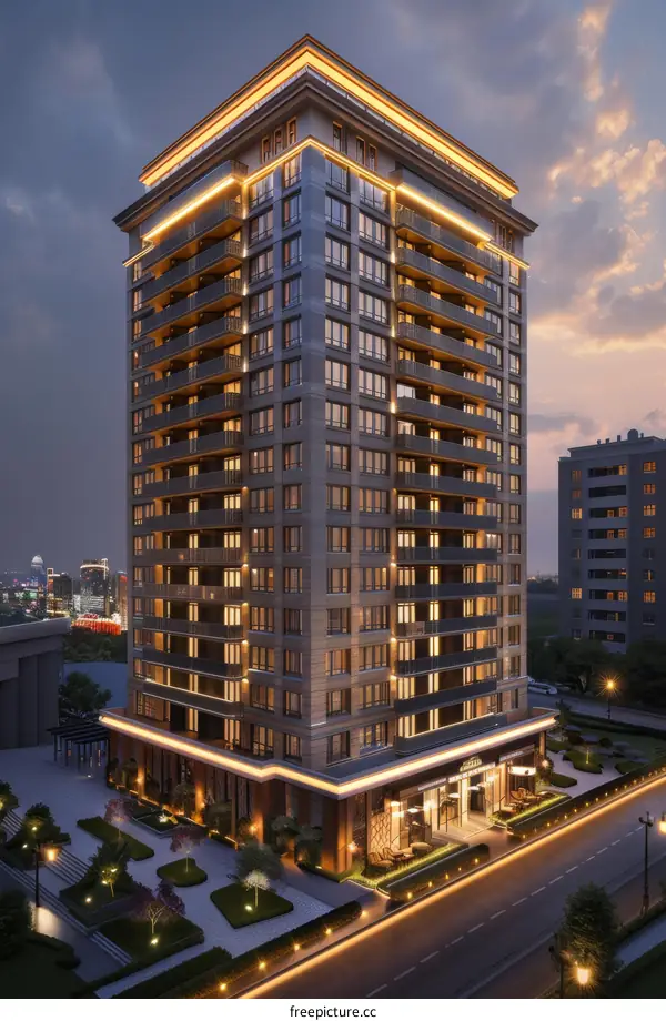 Modern High-Rise Building Architectural Design Illustration at Night