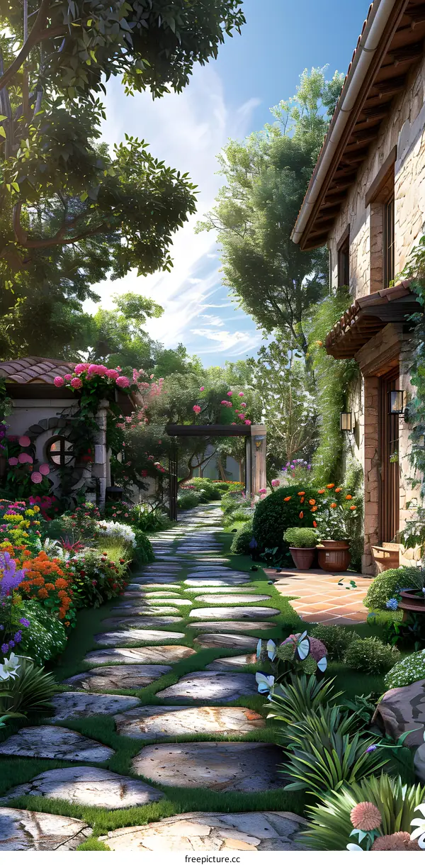 Stone path in a blooming garden