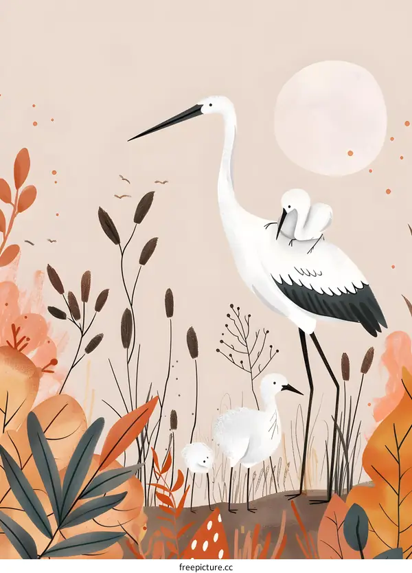 Family of White Storks in a Lush Forest Illustration