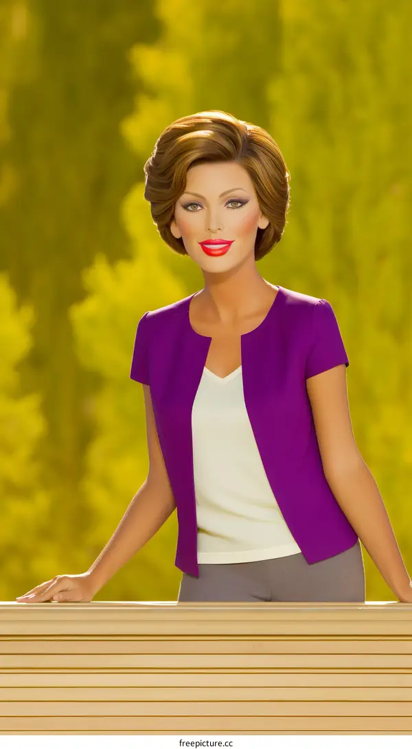 妩媚的金发女郎身穿紫色西装外套，面带微笑，站在阳台上，凝视着远方