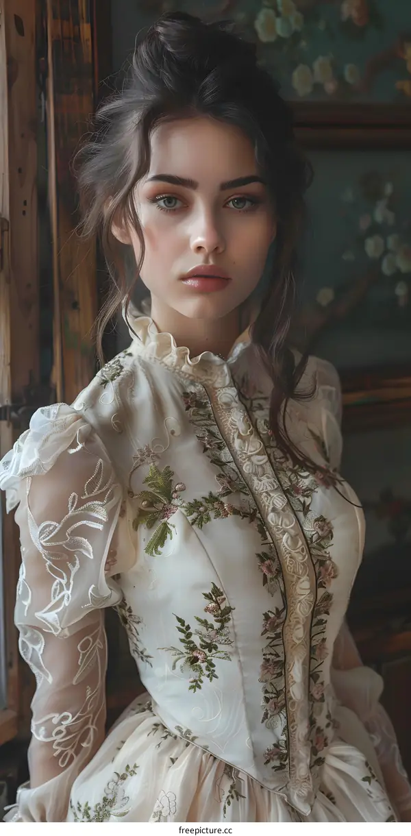 portrait of a beautiful young woman in a white dress with floral embroidery