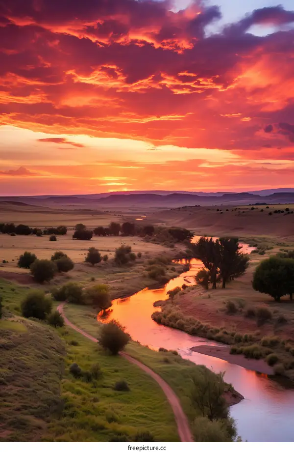 sunset steppe landscape with river and trees