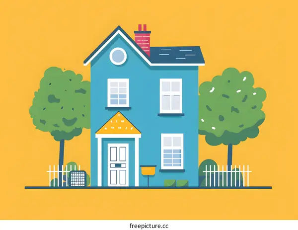 Blue House Illustration with Trees and Fence