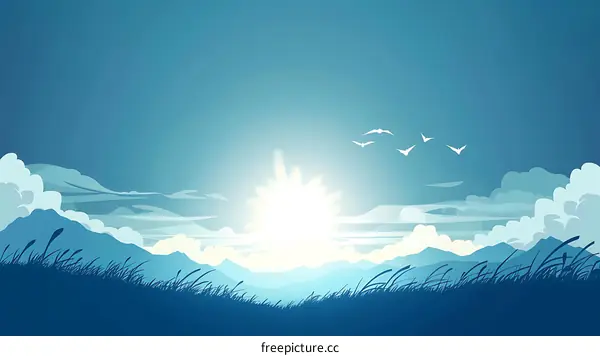 Blue Sky Landscape Sunrise Over Mountains Illustration