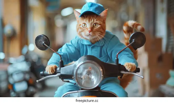Funny Ginger Cat Riding a Scooter in Blue Uniform
