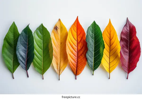 Colorful Autumn Leaves in a Row on White Background