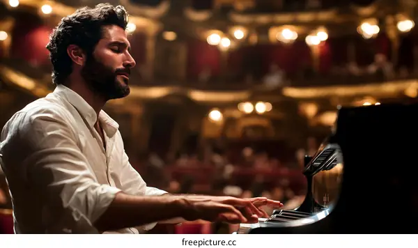 Man Playing Piano in Concert Hall