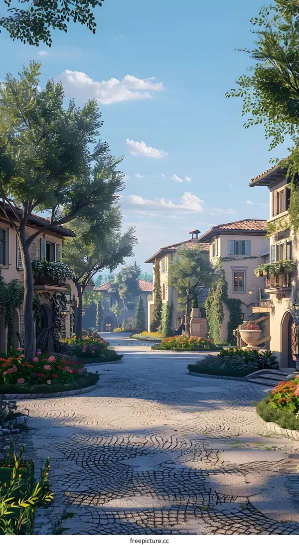 A beautiful European style street with trees and flowers