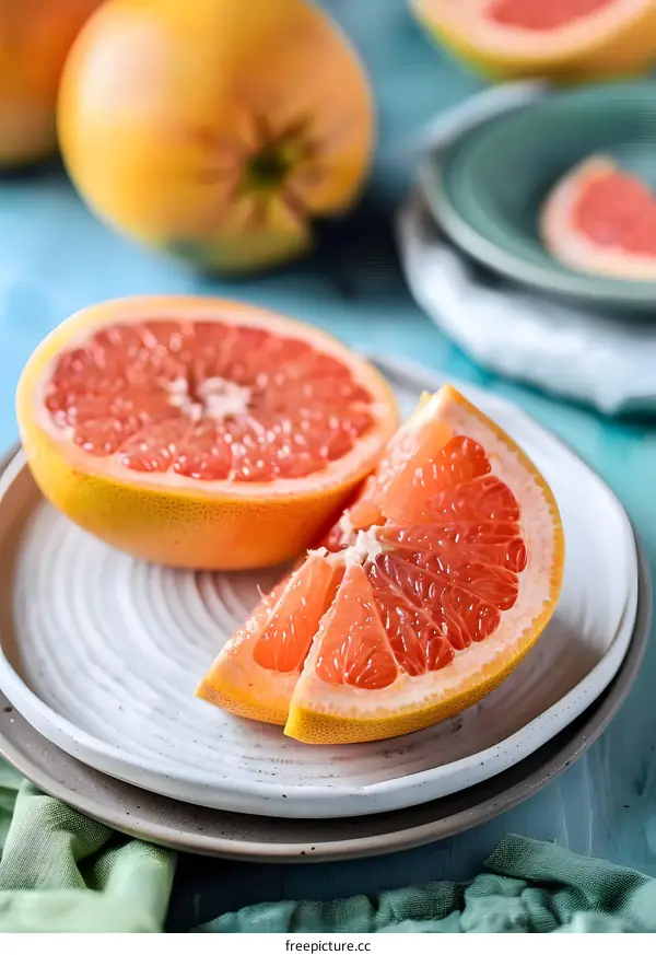 Fresh Grapefruit Slices on White Plate