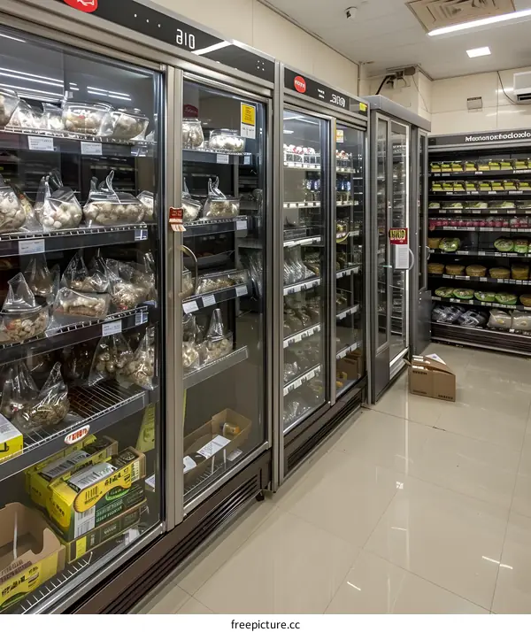 Refrigerated Display Cases In Supermarket Aisle With Fresh Produce