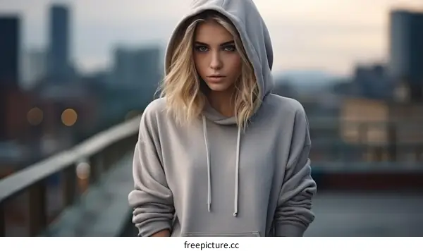 Portrait of a young woman in a gray hoodie looking at the camera with a serious expression on her face