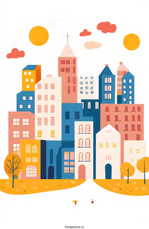 Colorful Cityscape Illustration with Cartoon People