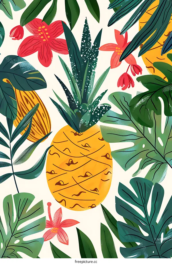 Tropical Pineapple with Leaves and Flowers