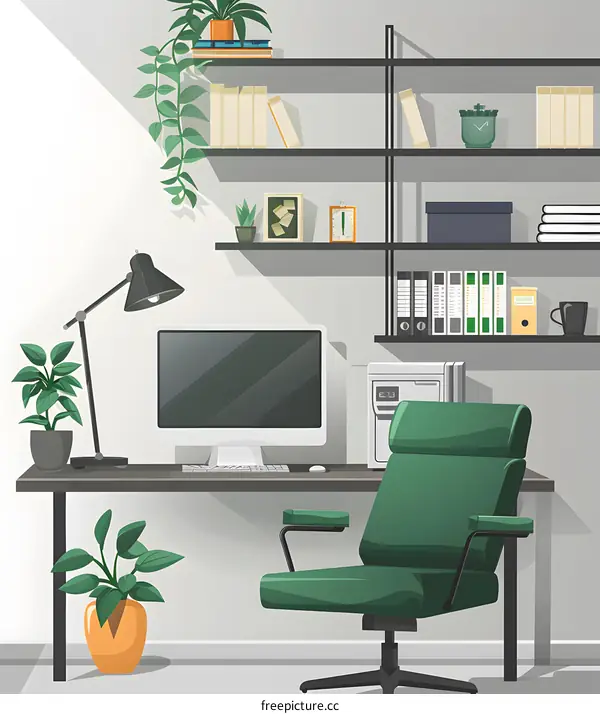 Modern Home Office Desk With Green Chair And Plants