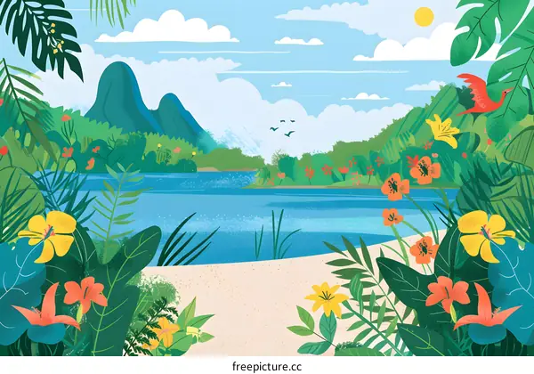 Tropical Island Paradise with Lush Greenery and Blue Water