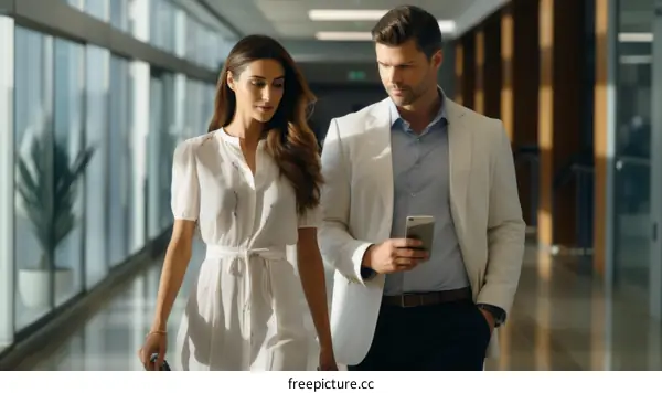 A man and a woman in business attire are walking down a hallway looking at a phone