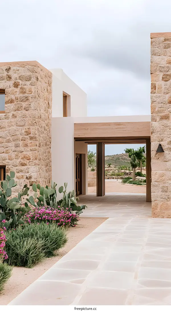 Modern Stone House Entrance with Desert View