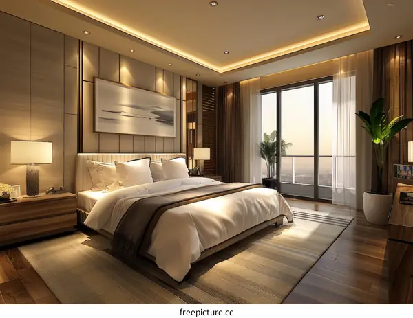 Sleek & Modern Master Bedroom with Serene Balcony and Striking Skyline Views