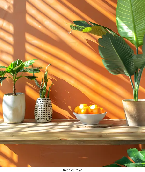 Orange Fruit in Bowl on Wooden Shelf With Plants and Orange Wall