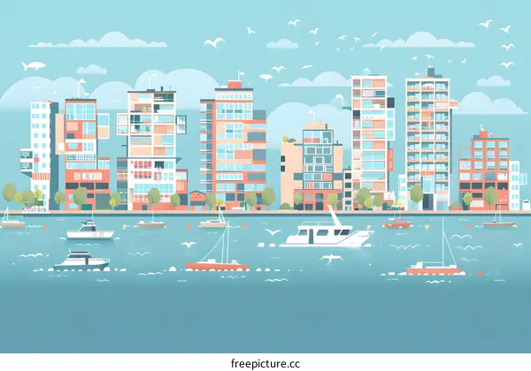 Seafront Waterfront Cityscape with Modern Buildings