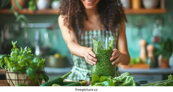 curly hair woman holding a jar of green smoothie