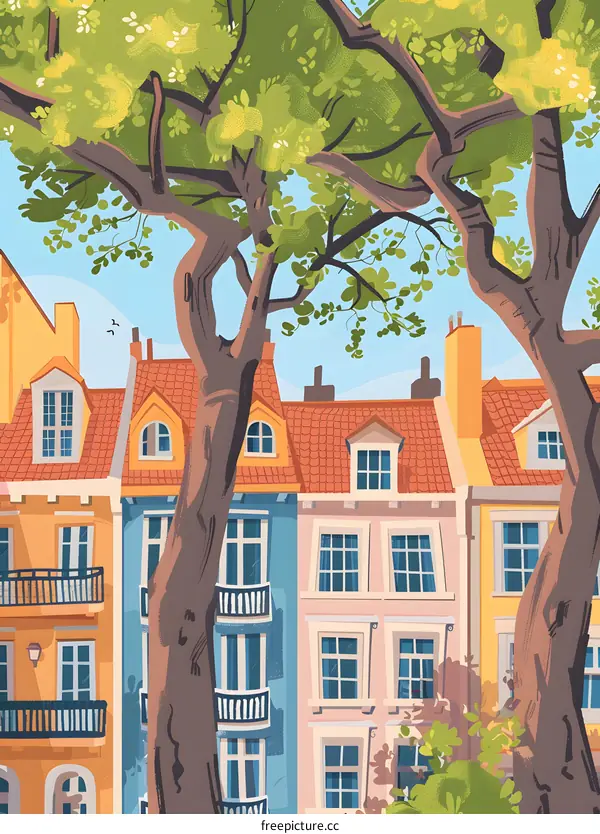 Colorful Houses View From Under Tree