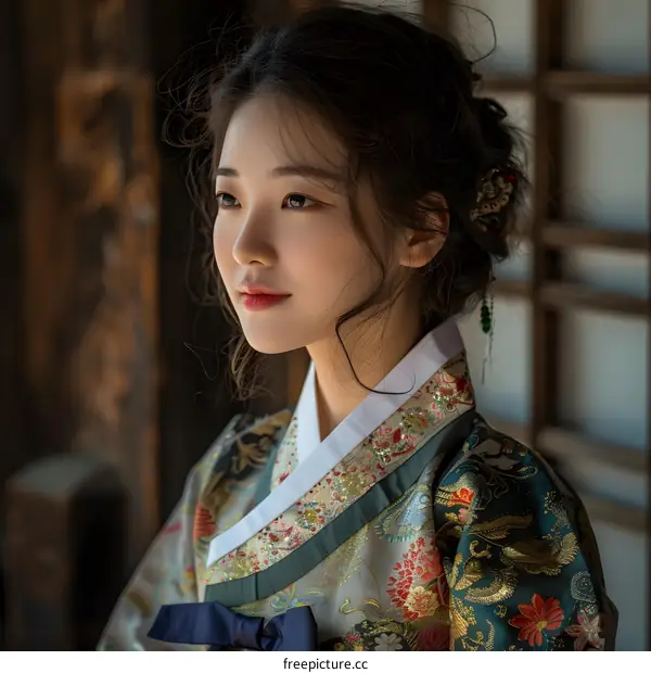 Portrait of a young woman in traditional Korean dress, or Hanbok