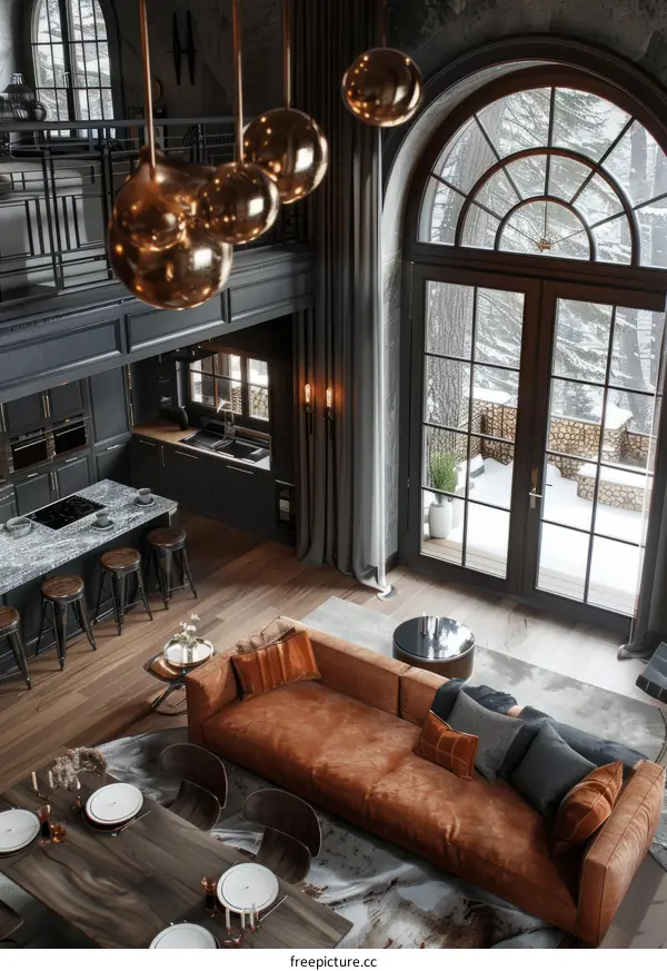 Modern luxury living room interior design with large windows