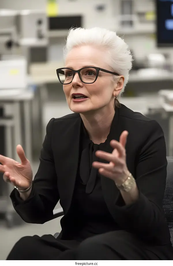 Portrait of a White Woman with Short Silver Hair in a Black Blazer Speaking at a Conference