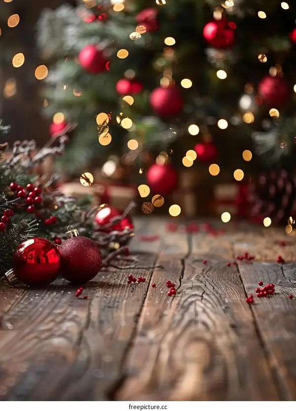 Rustic Christmas Decor with Red Ornaments and Gifts