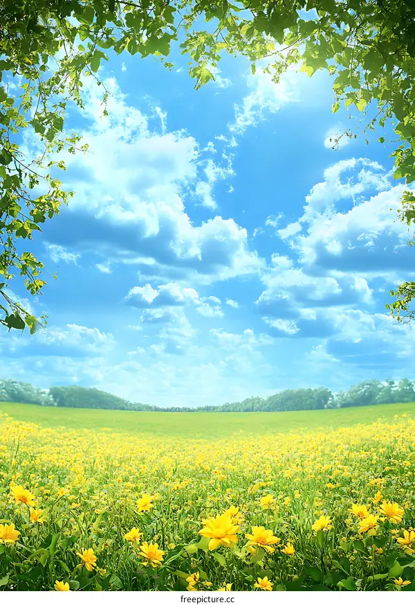 Beautiful Spring Meadow With Yellow Flowers And Blue Sky