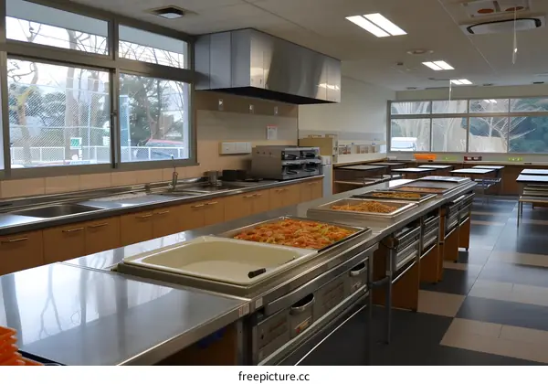 Empty school cafeteria with food ready to serve