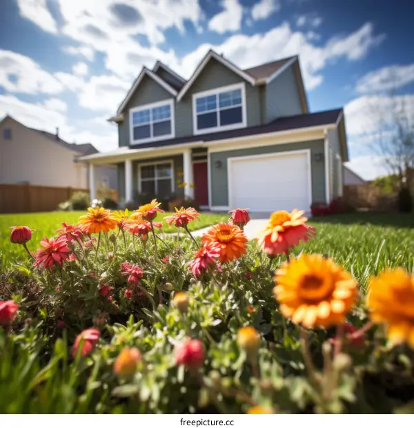 Colorful flowers in front of a beautiful house