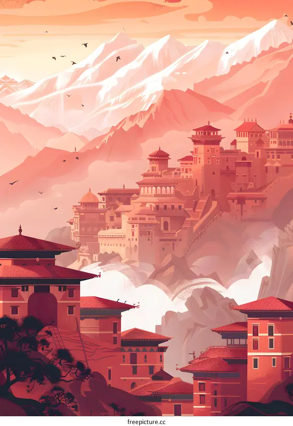 Mountain Landscape With Red Buildings