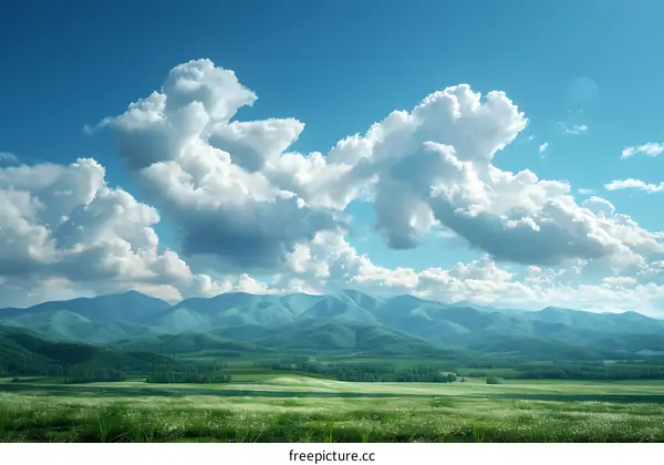 The vast grassland under the mountain is full of green grass, and the sky is blue and white.