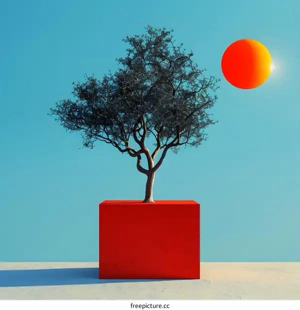 Tree Growing From A Red Cube Against A Blue Sky With A Bright Orange Sun