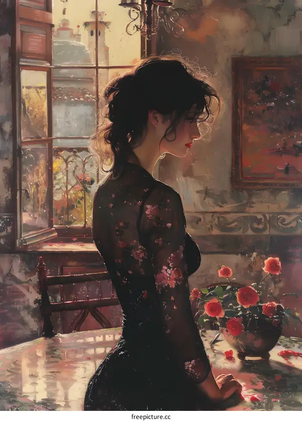 A thoughtful woman standing by the window