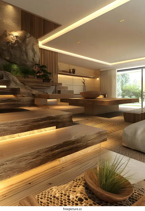 Modern Minimalist Zen Living Room Interior Design with Wooden Stairs and Rock Feature