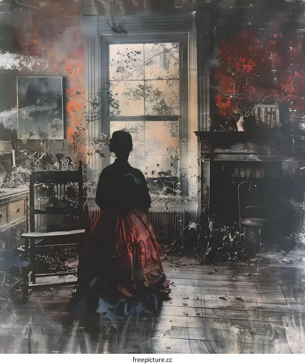 Woman in red dress sitting in a room with overgrown plants