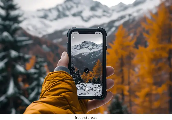 Man Holding a Phone Showing a Landscape Photo of Mountains