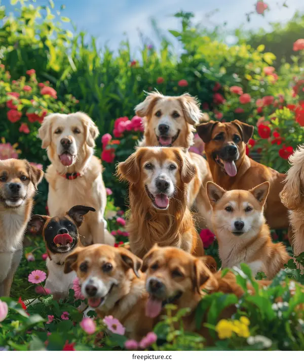 Frolicking Canines in a Vibrant Garden