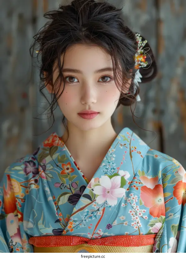 Portrait of a young woman in a kimono