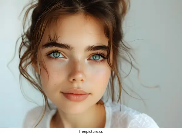 Beautiful Woman with Blue Eyes Looking at the Camera