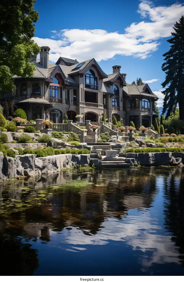 A luxurious mansion with a beautiful water feature in front