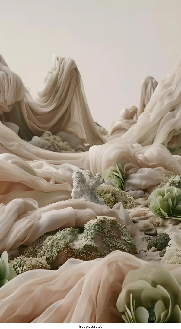 Abstract Landscape With Beige Fabric And Green Moss