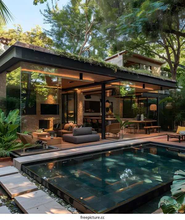 Modern Home with Lush Green Roof and Pool