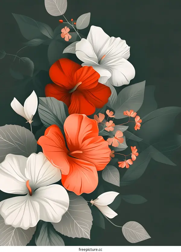 Colorful Hibiscus Flowers Illustration on Dark Green Background