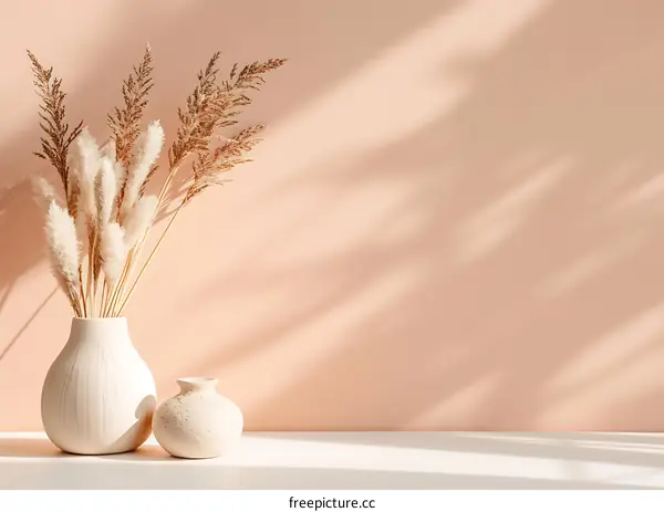 White Vase with Dried Grass on Pink Wall