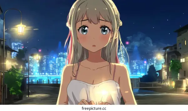 Anime Girl Night Cityscape Illustration